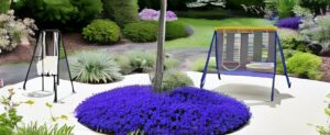 Ein Garten mit Schaukel.
