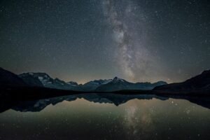 Die Milch spiegelt sich in einem See mit Bergen im Hintergrund.